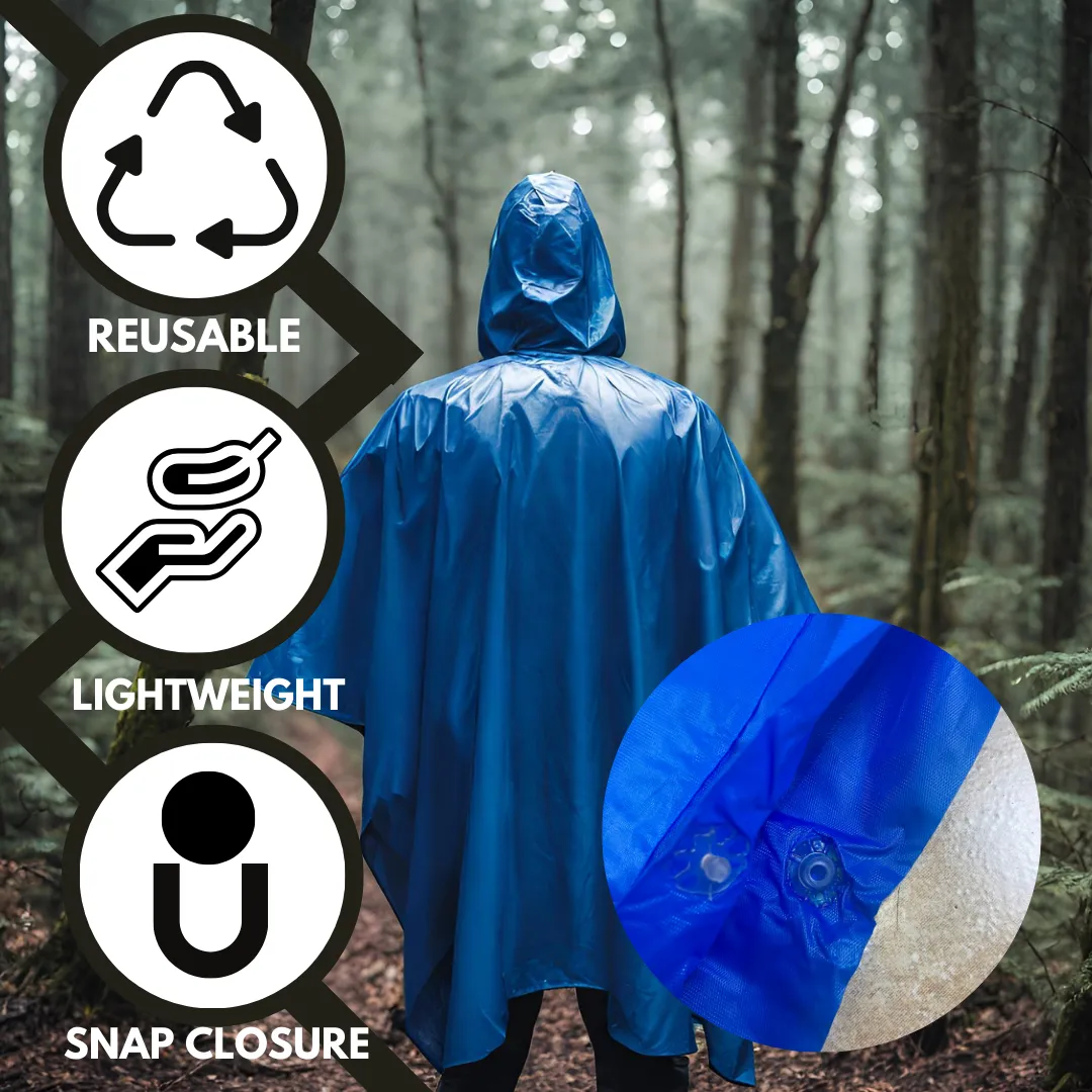 10 Mil Blue Vinyl Rain Poncho with Hood - Adult Size  - RAIN-49050