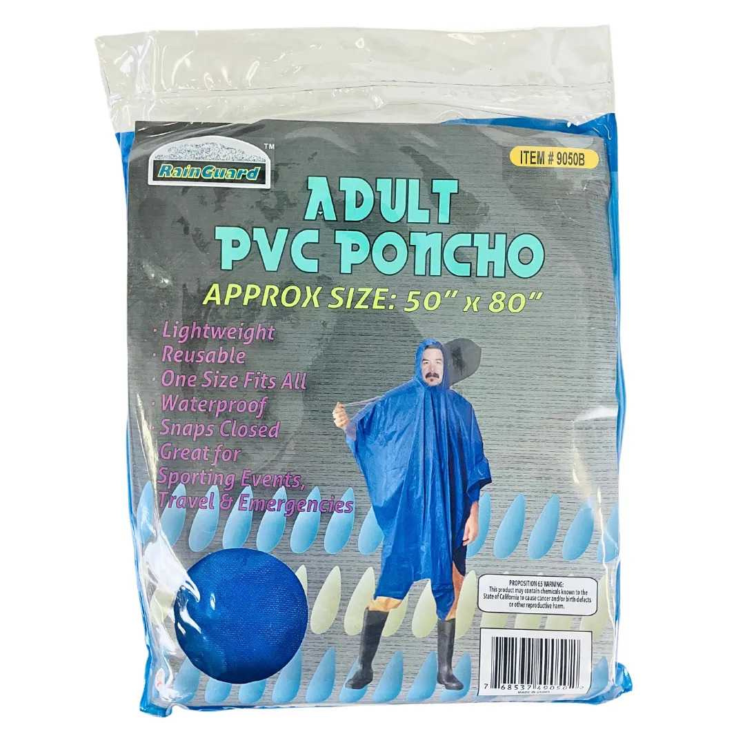 10 Mil Blue Vinyl Rain Poncho with Hood - Adult Size  - RAIN-49050