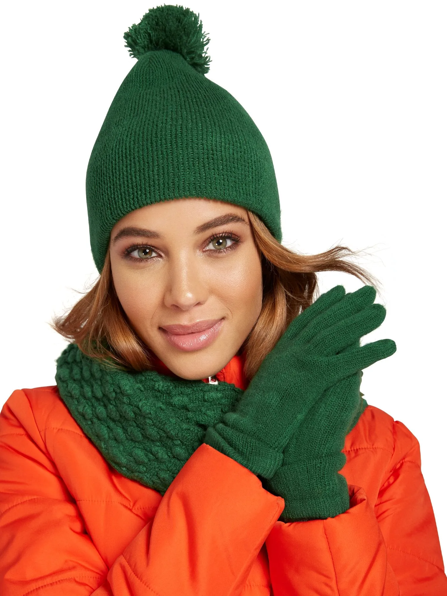 3-Piece Popcorn-Knit Scarf, Hat & Gloves Set