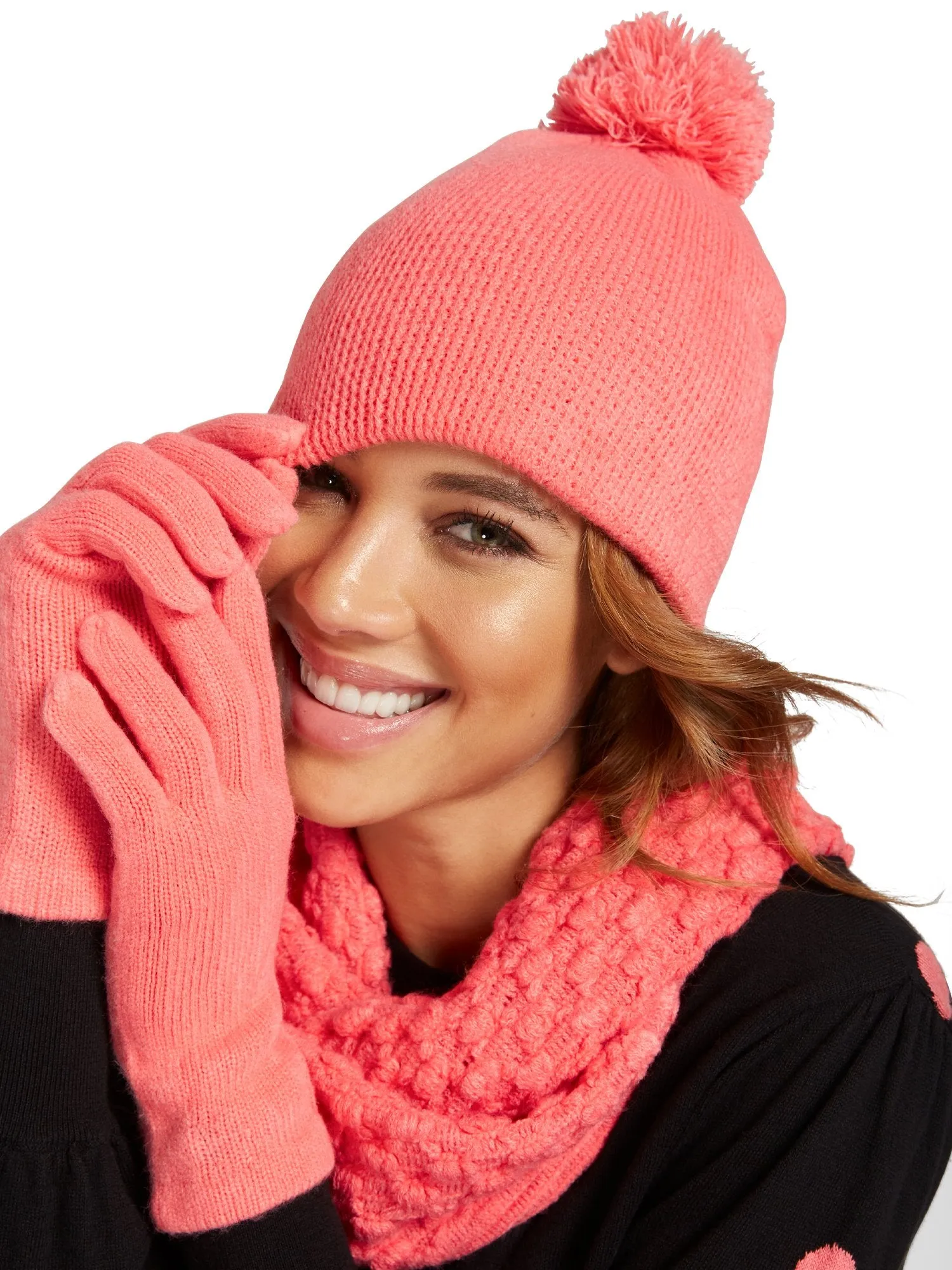 3-Piece Popcorn-Knit Scarf, Hat & Gloves Set