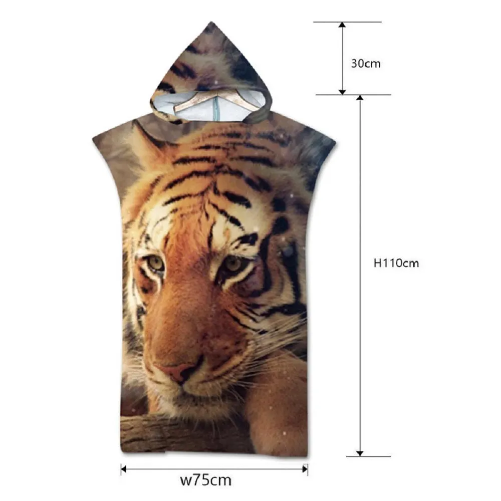 3D Print Hooded Beach Towel Microfiber Animal Tiger Changing Bath Robe Surf Poncho Towel for Swimming Beach Soft Adults Bathrobe