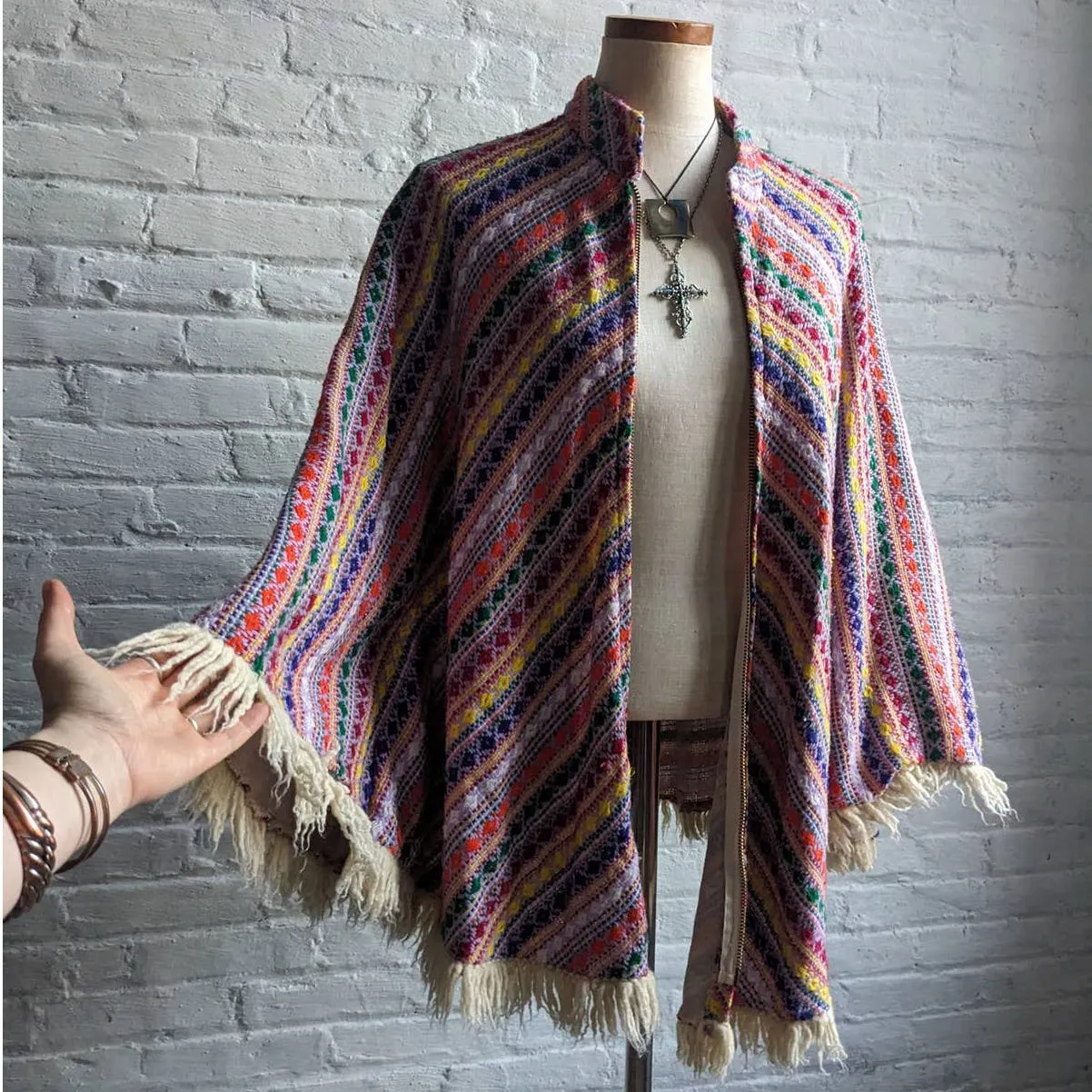 70s Vintage Knit Rainbow Southwest Blanket Poncho Hippie Fringe Trippy Vest Cape