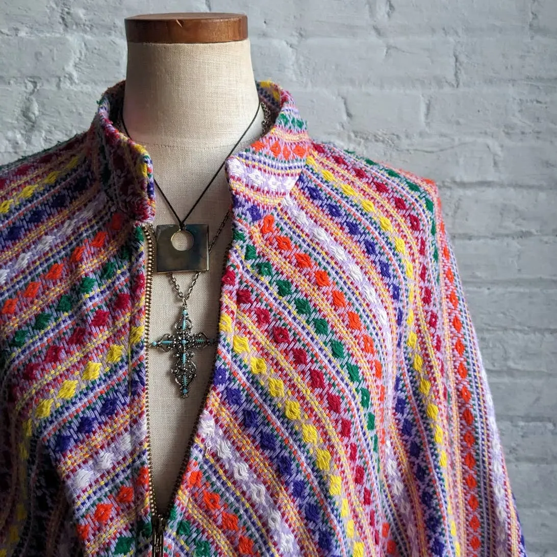 70s Vintage Knit Rainbow Southwest Blanket Poncho Hippie Fringe Trippy Vest Cape