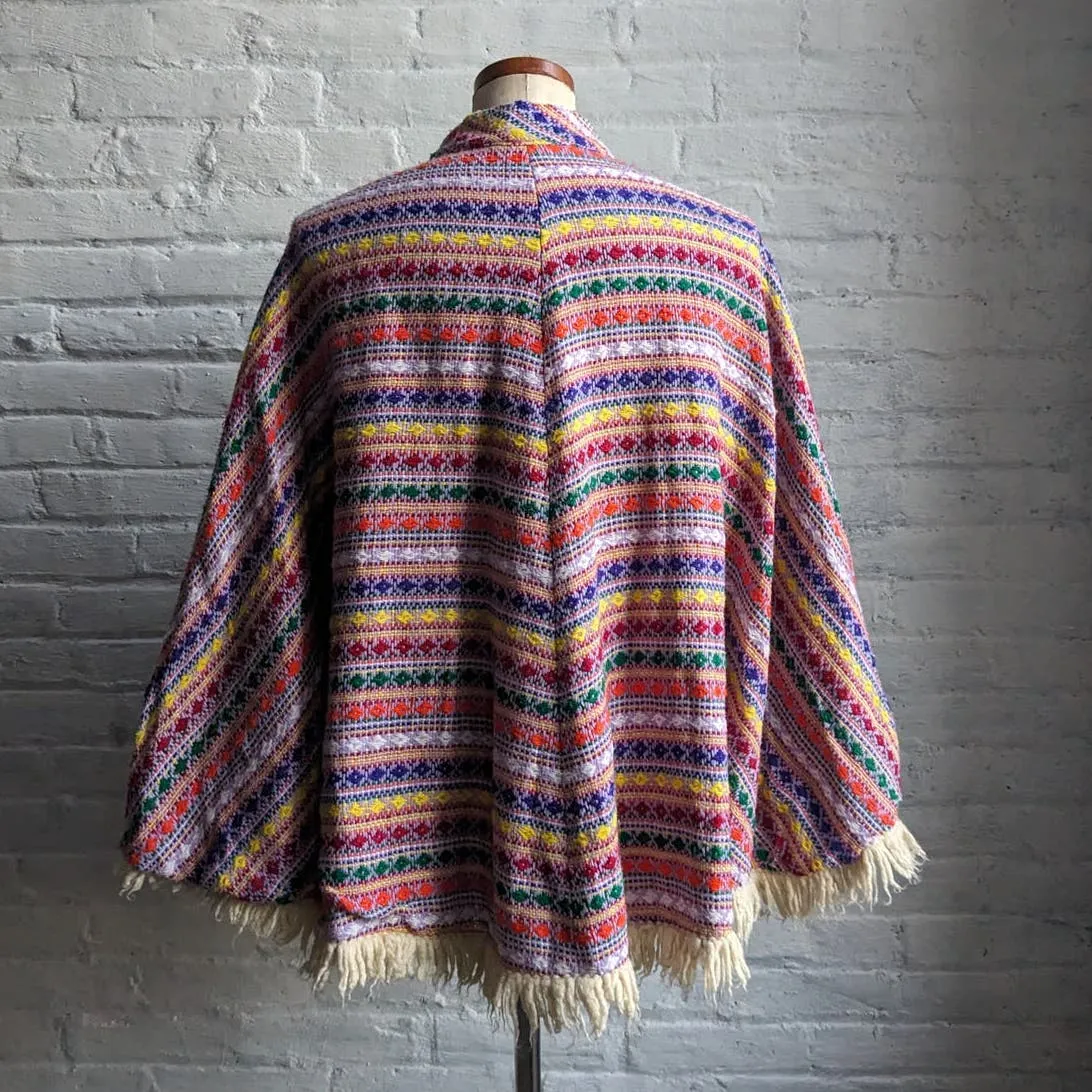 70s Vintage Knit Rainbow Southwest Blanket Poncho Hippie Fringe Trippy Vest Cape