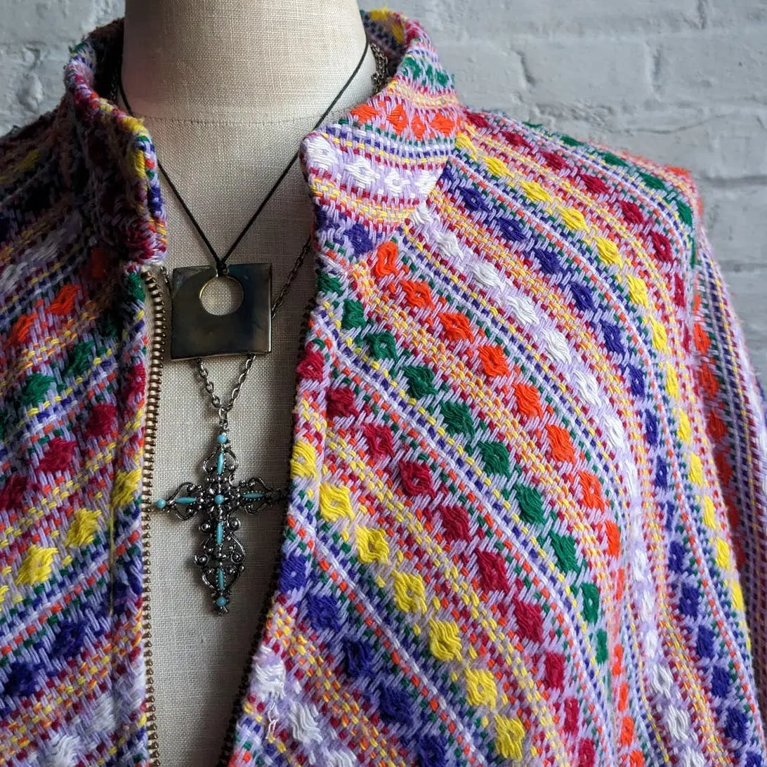 70s Vintage Knit Rainbow Southwest Blanket Poncho Hippie Fringe Trippy Vest Cape