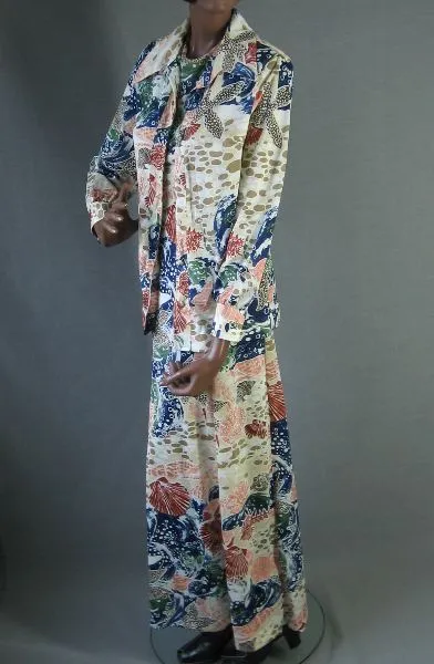 70s Women's Outfit Dress and Over Shirt Vintage Beach Ocean Seashell Print Maxi Large VFG Joseph Magnin