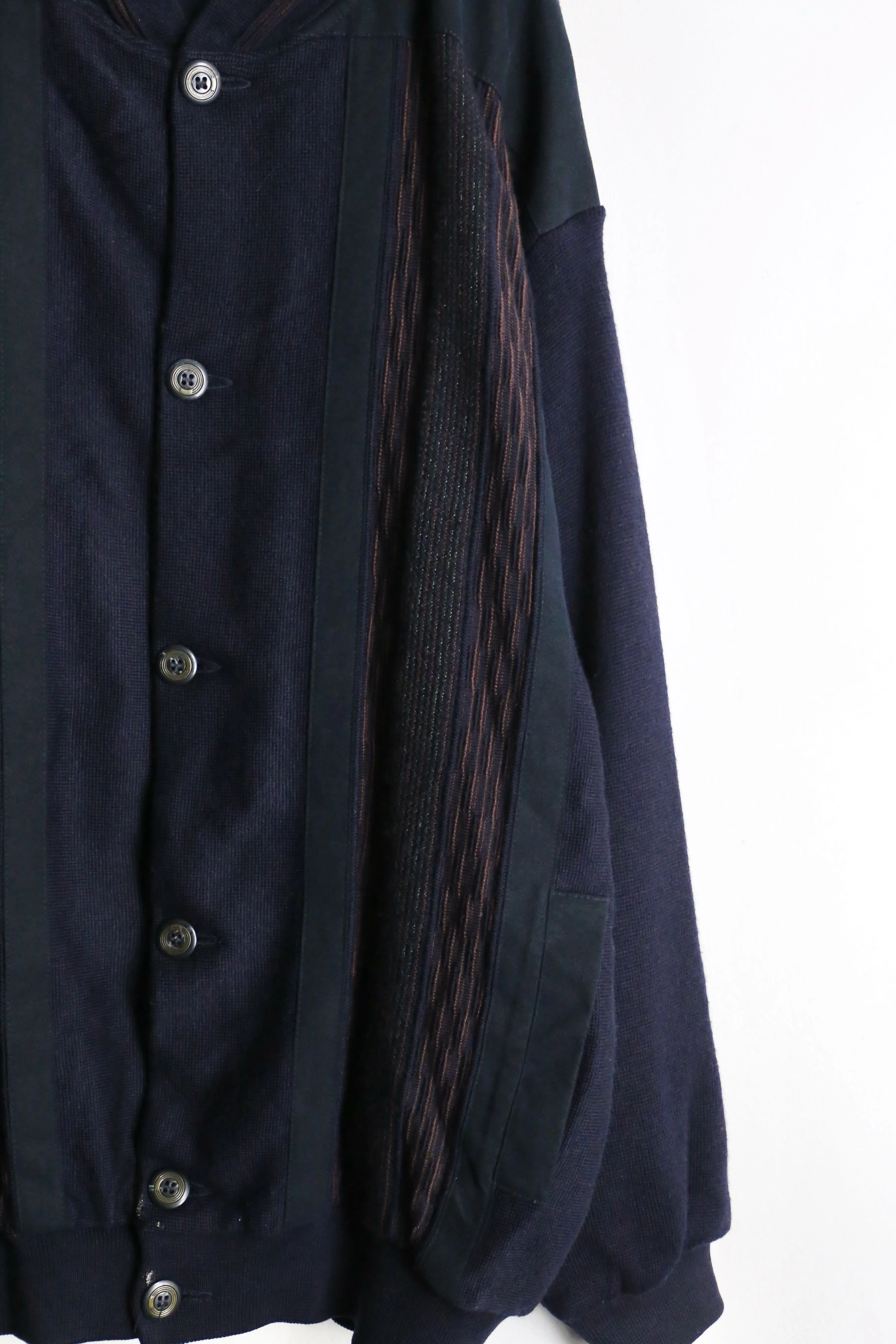 80's "bueckle" navy color suede switching knit loose cardigan