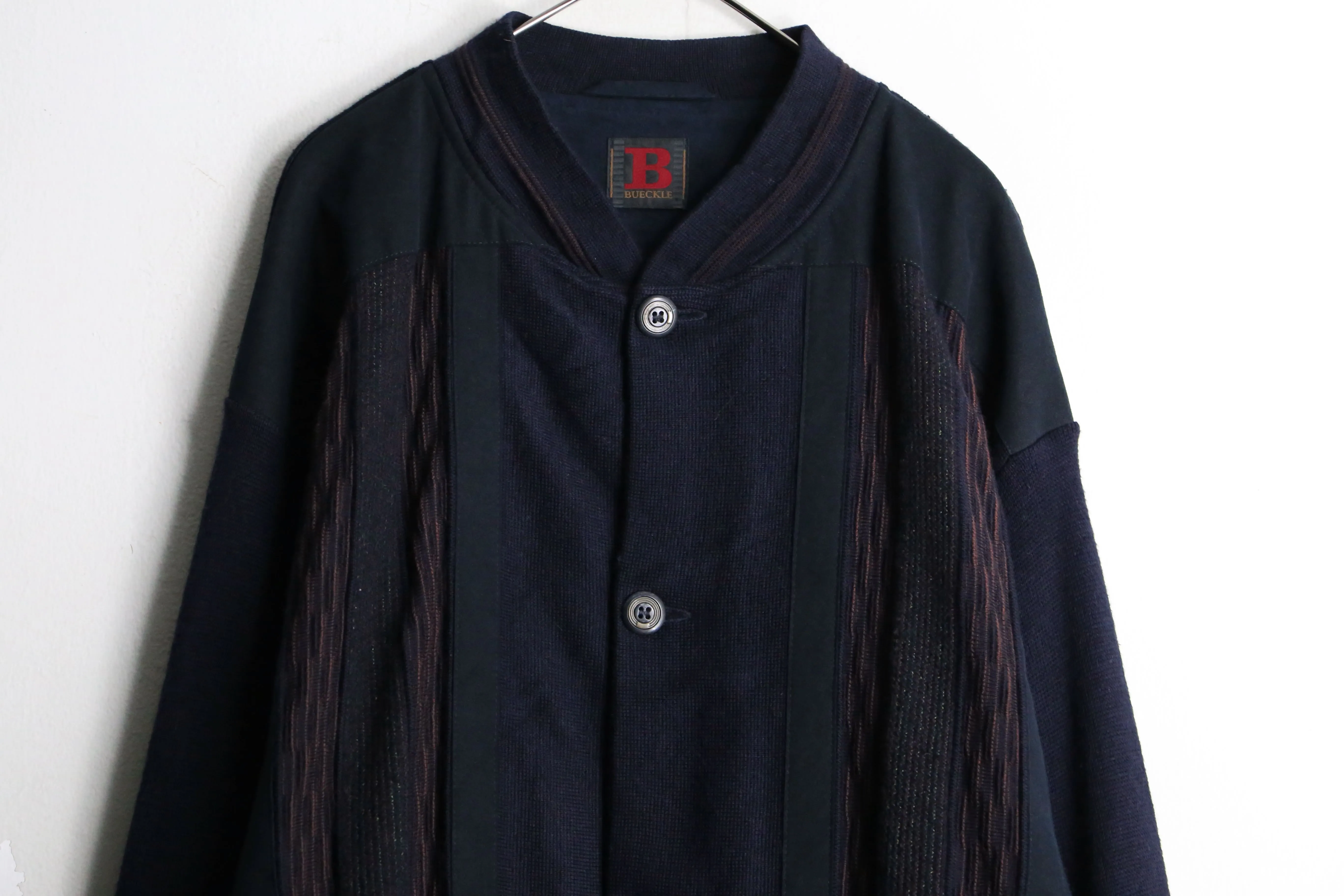 80's "bueckle" navy color suede switching knit loose cardigan