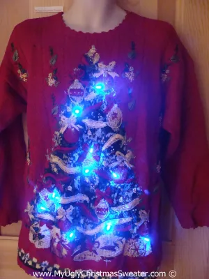 80s Red Christmas Sweater with Lights Huge Tree (g204)