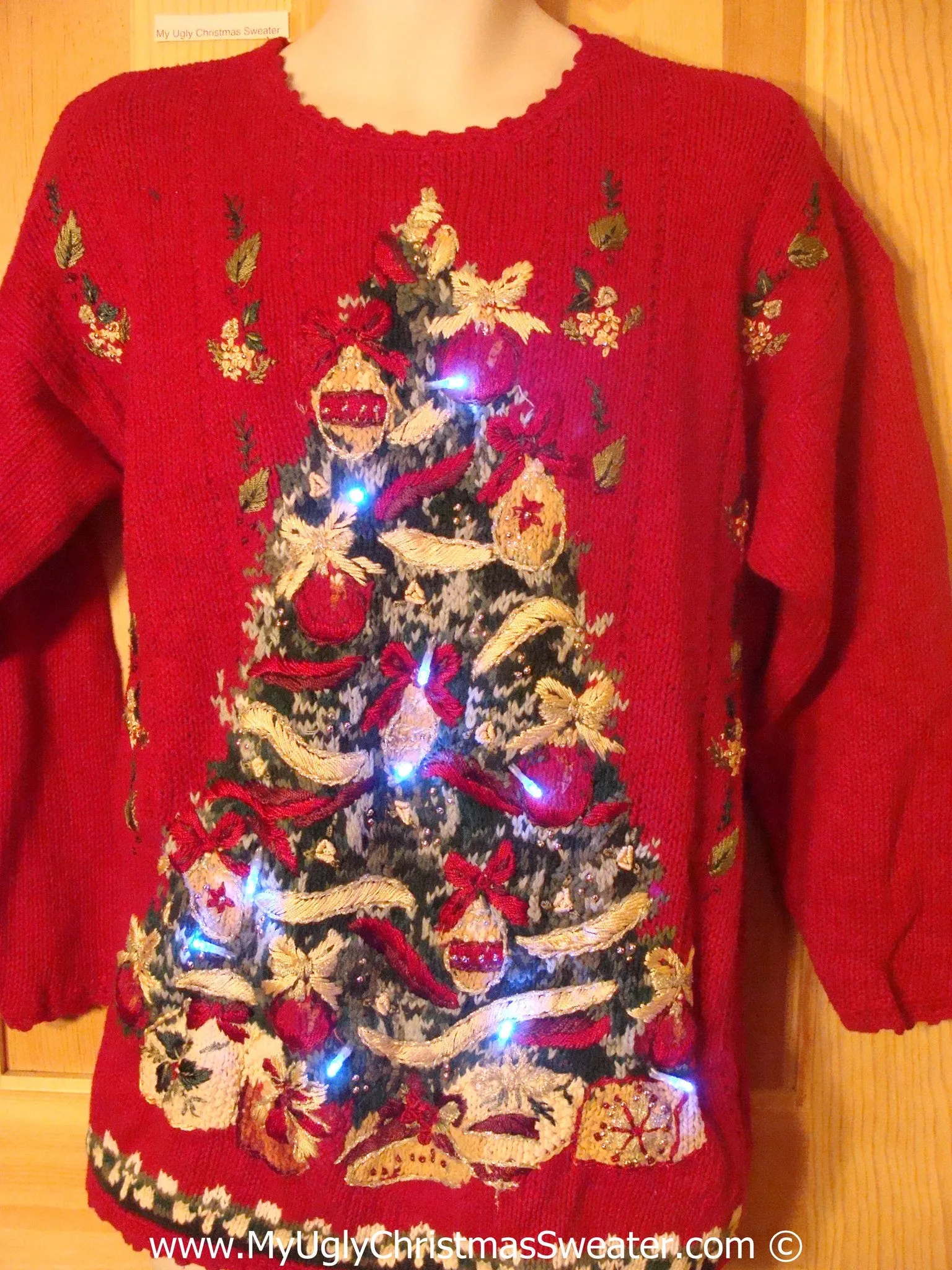 80s Red Christmas Sweater with Lights Huge Tree (g204)