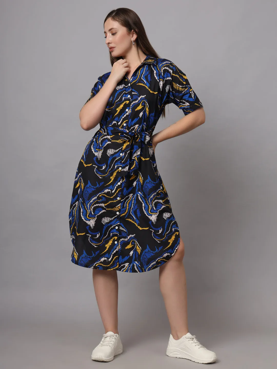 Abstract Print Shirt Collar Fit & Flare Dress