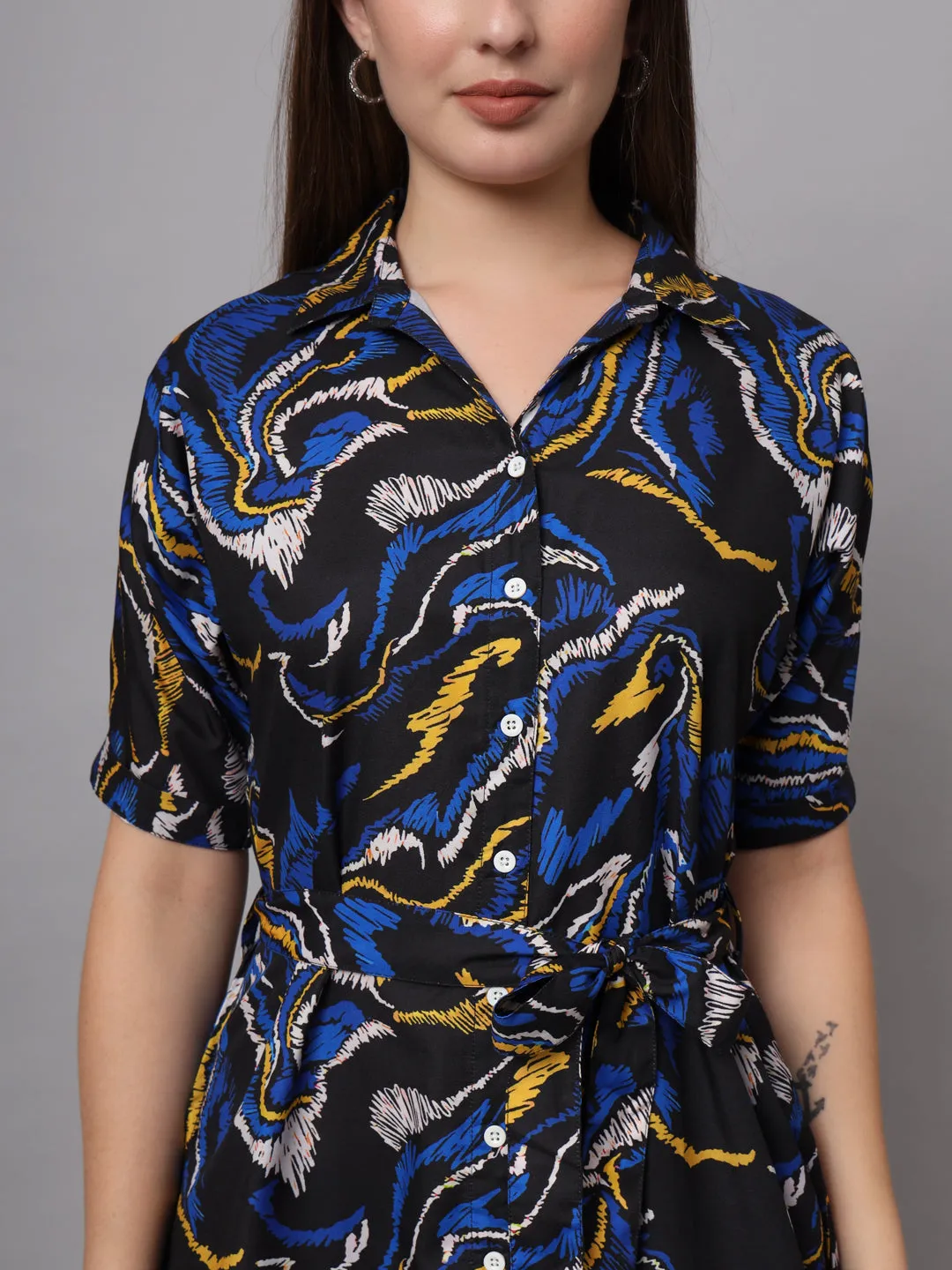 Abstract Print Shirt Collar Fit & Flare Dress