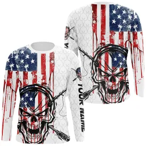 American Flag Fishing Skull Custom 3D Long Sleeve Fishing Shirts, Patriotic Fishing Jerseys