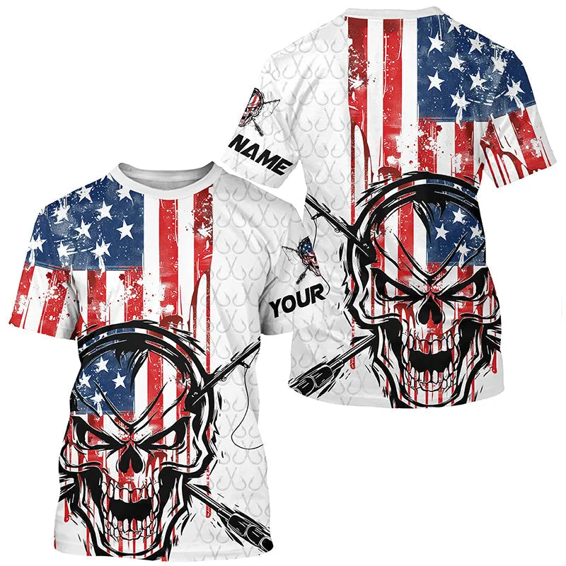 American Flag Fishing Skull Custom 3D Long Sleeve Fishing Shirts, Patriotic Fishing Jerseys