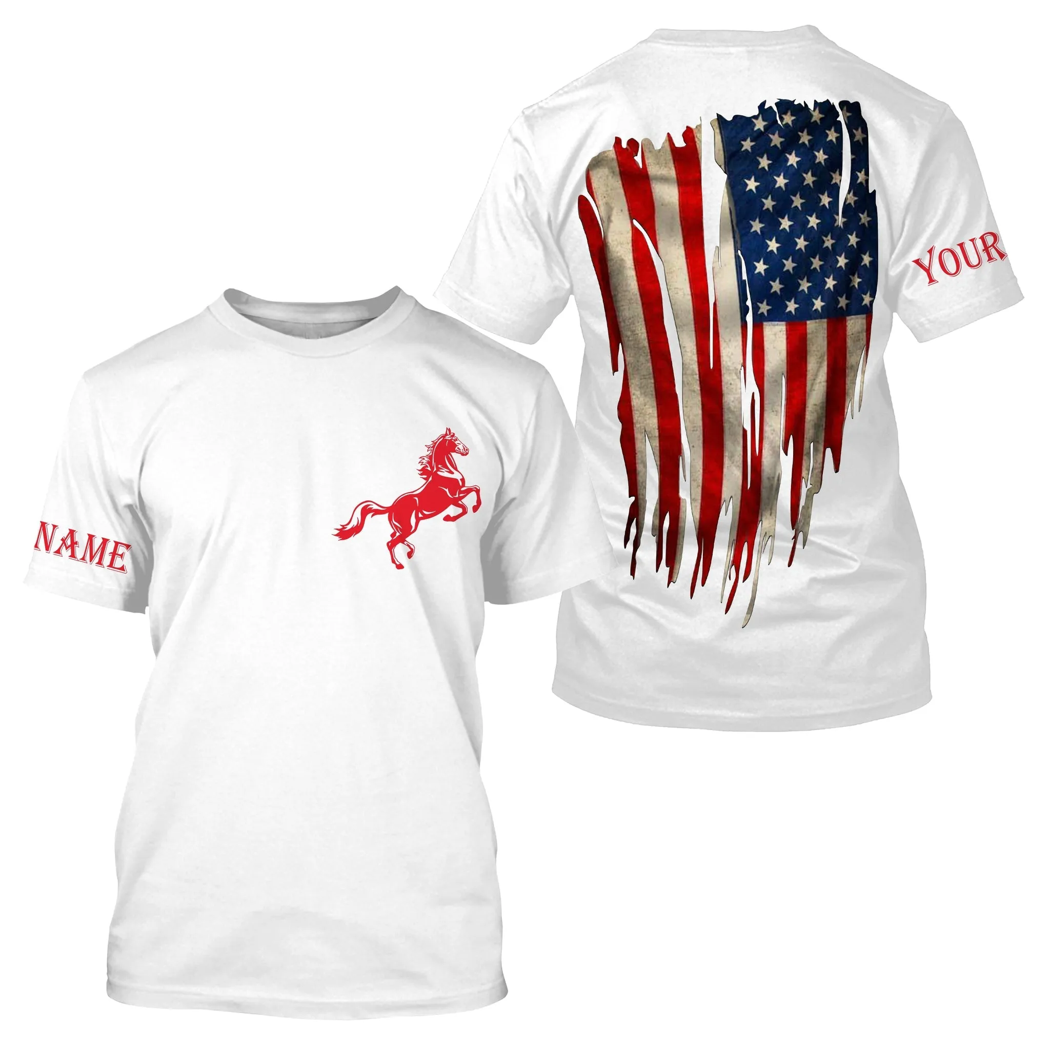 American Flag Patriotic Horse Riding Custom Name 3D All Over Printed Shirts Personalized Horse Long Sleeve Shirt