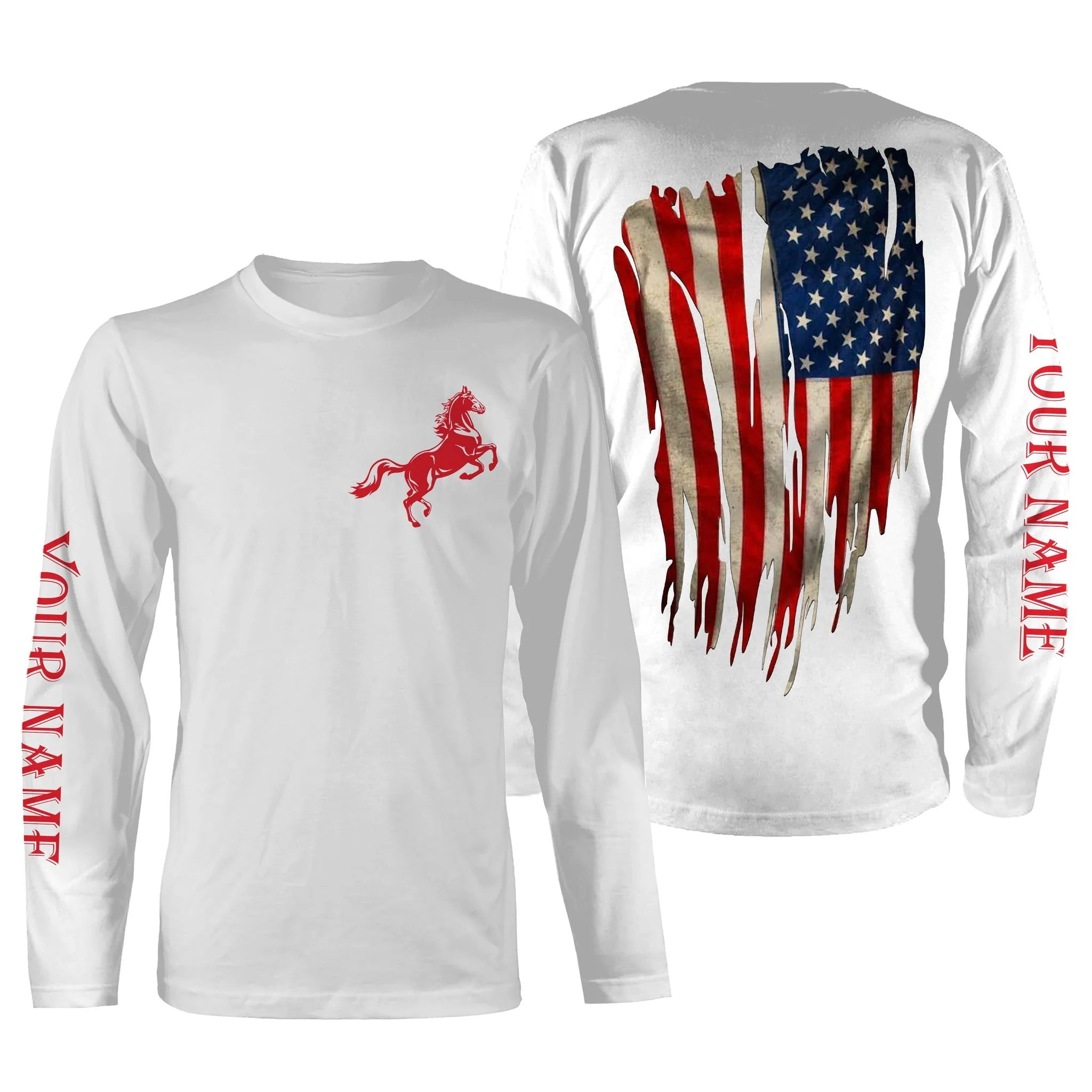 American Flag Patriotic Horse Riding Custom Name 3D All Over Printed Shirts Personalized Horse Long Sleeve Shirt