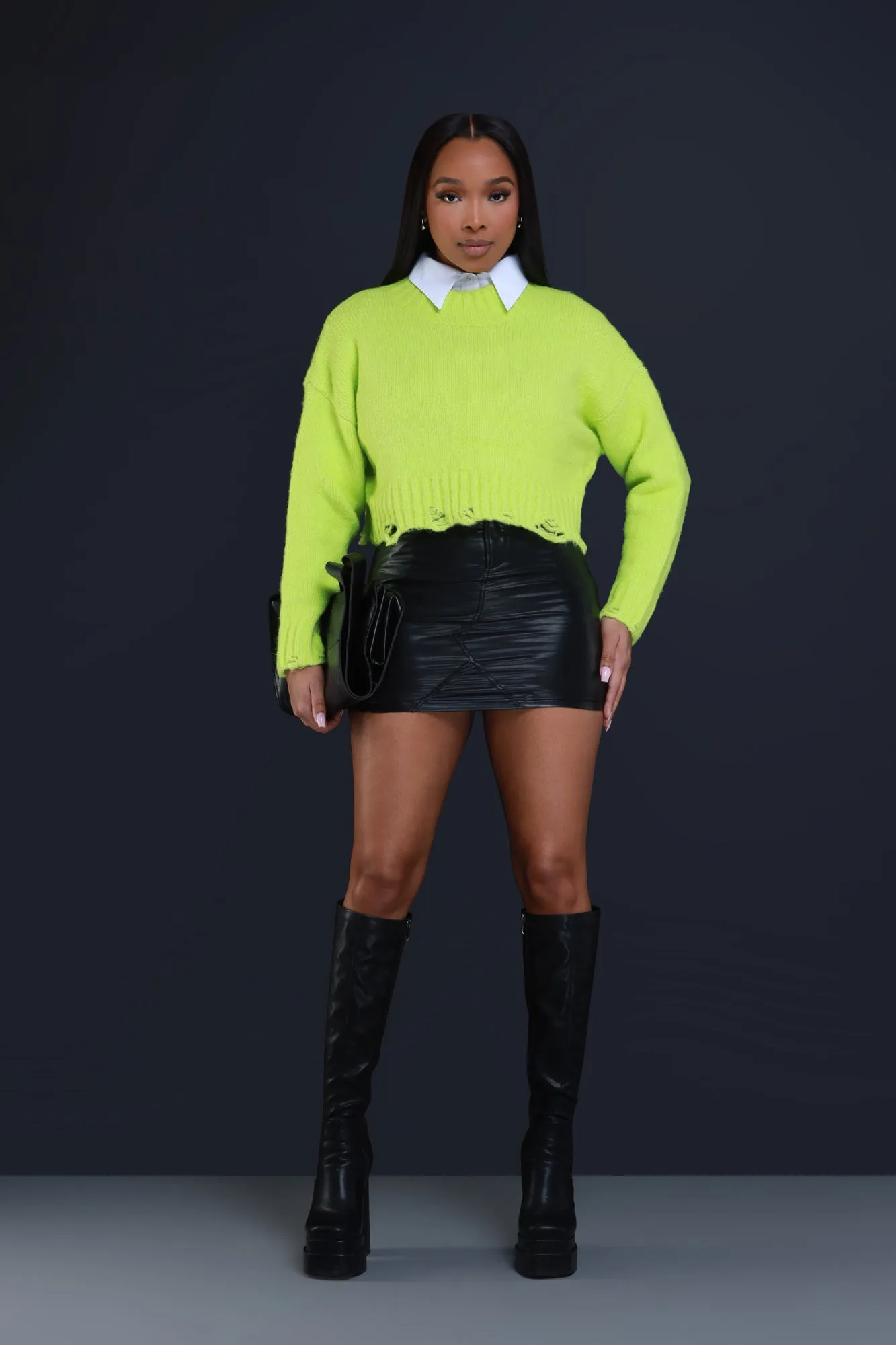 Amp Up Cropped Mock Neck Cropped Sweater - Green