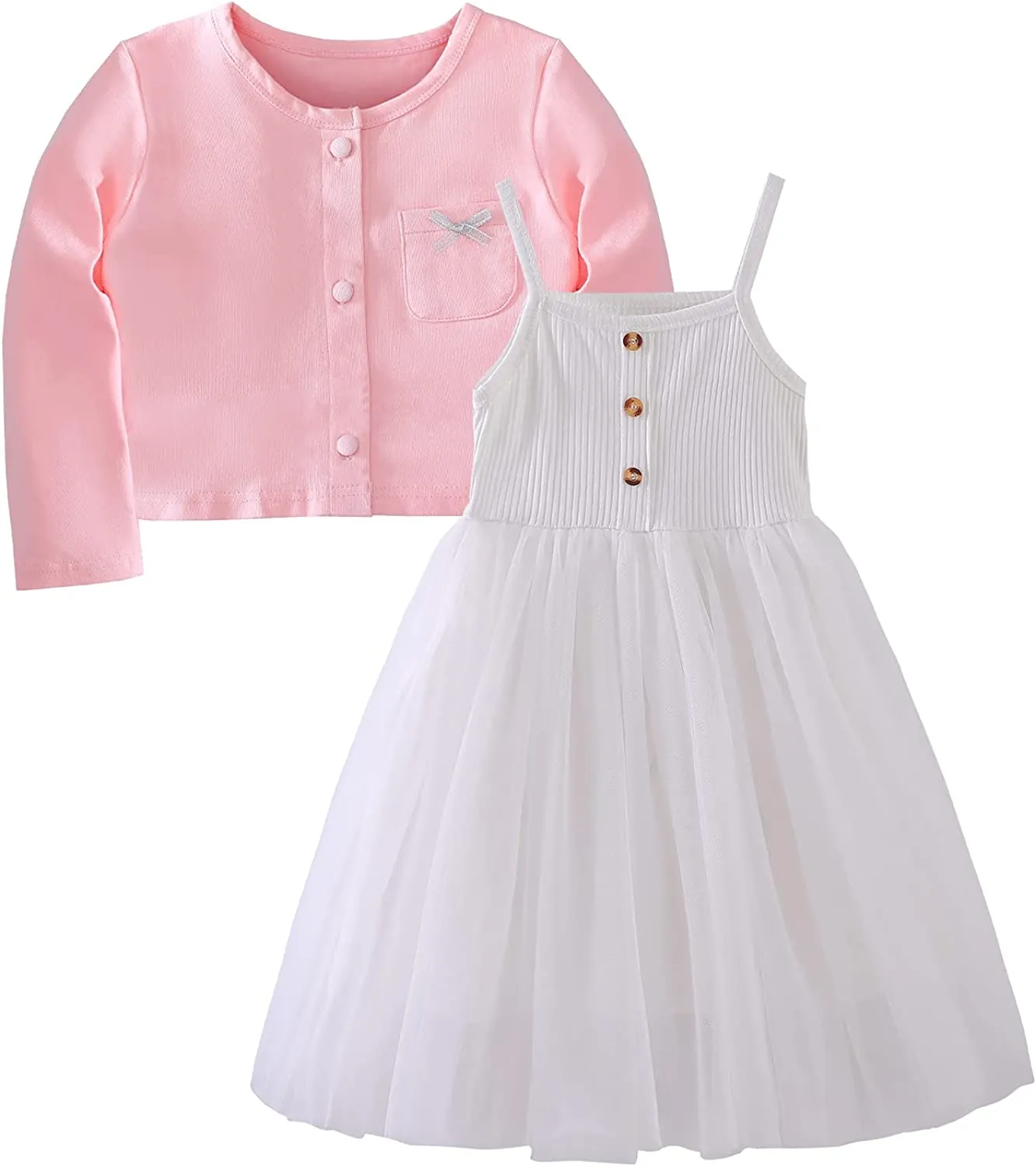 Baby Girls Tutu Dresses, Infant Tulle Sundress Sleeveless Buttons Dress and Bowknot Cardigan Set