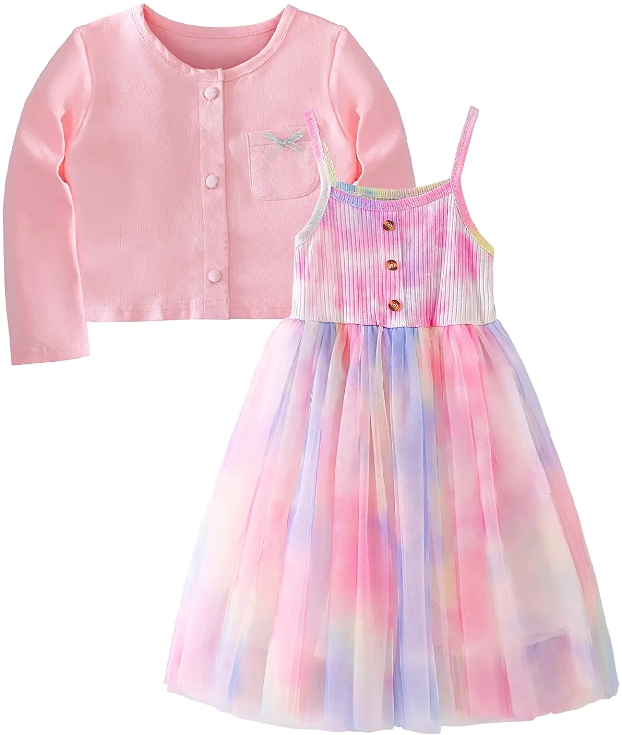 Baby Girls Tutu Dresses, Infant Tulle Sundress Sleeveless Buttons Dress and Bowknot Cardigan Set