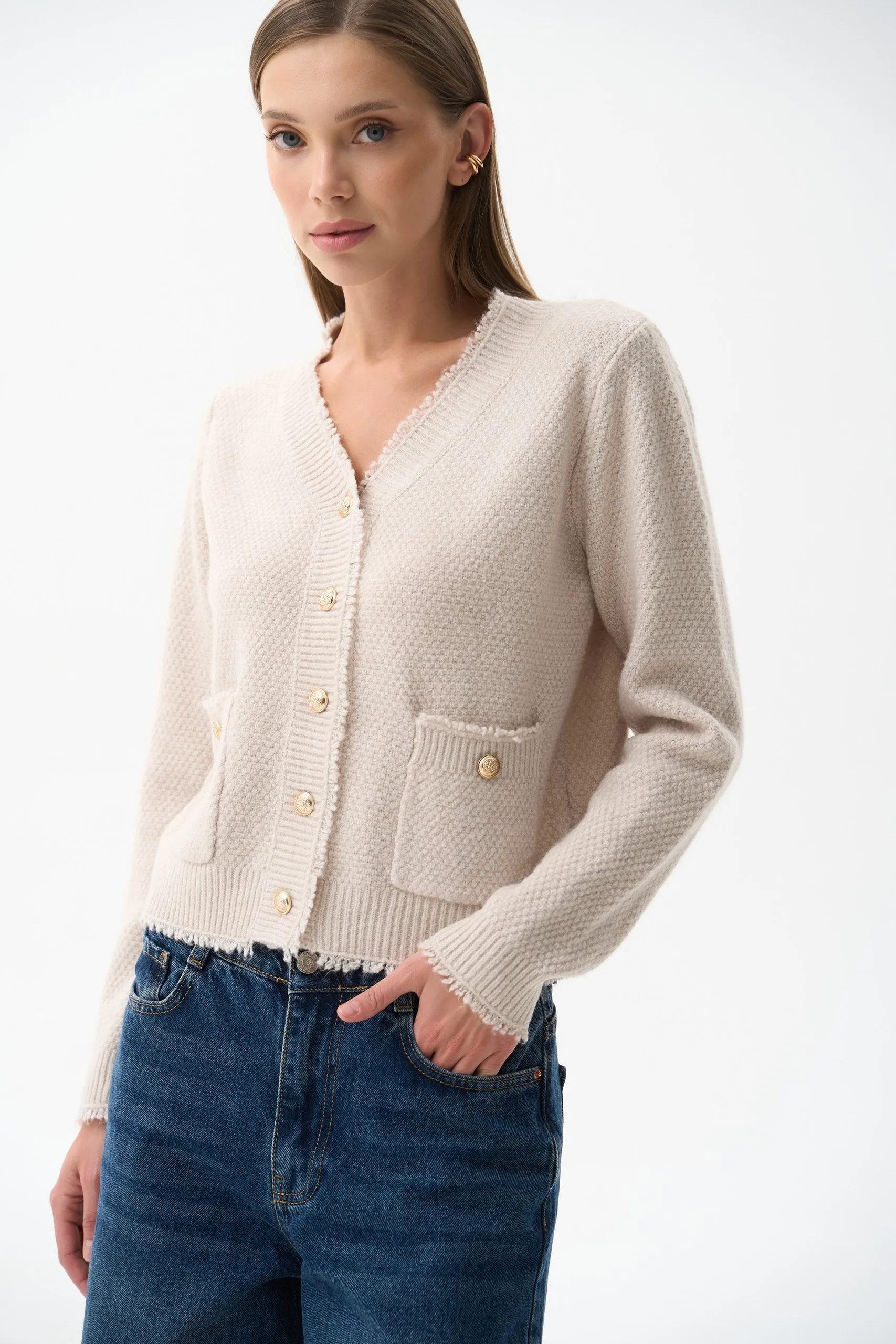 Beige Buttoned Knit Cardigan