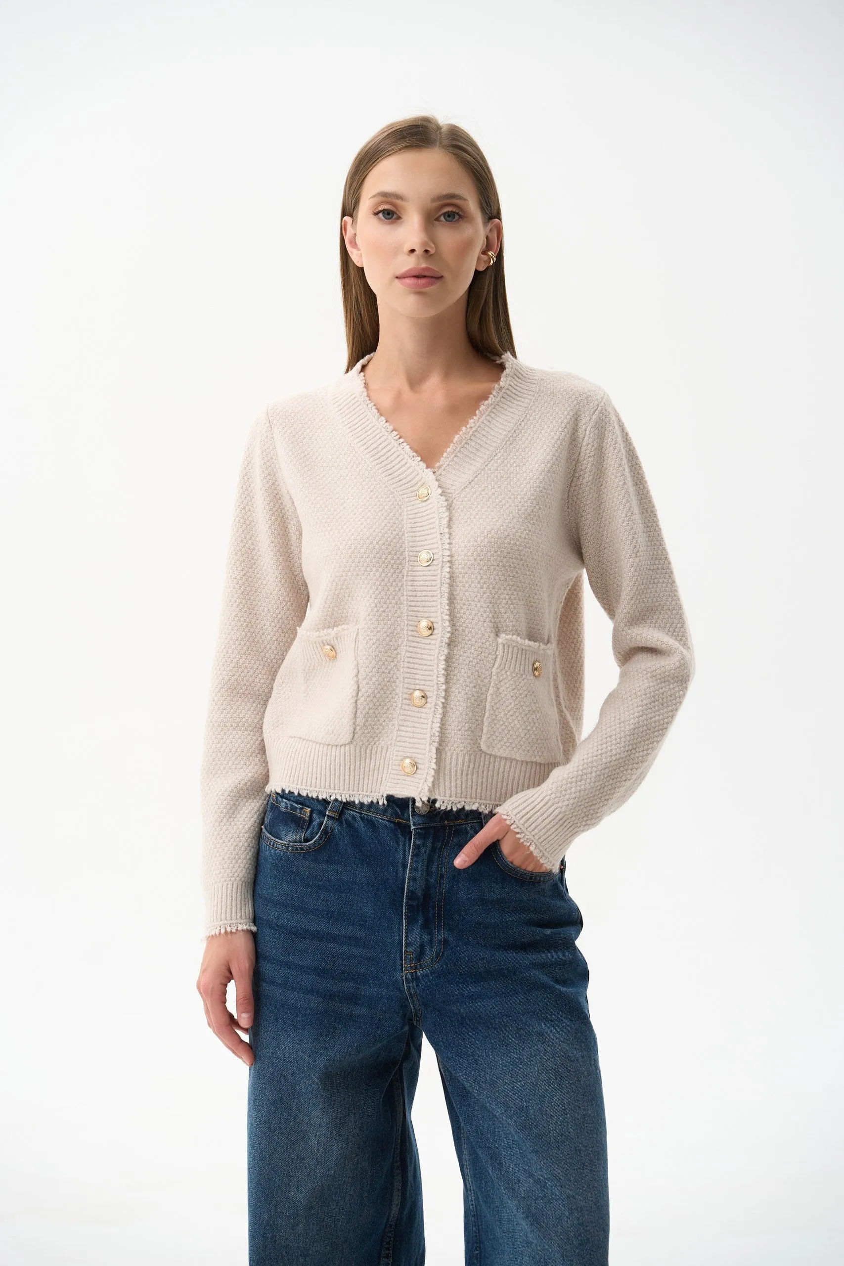 Beige Buttoned Knit Cardigan