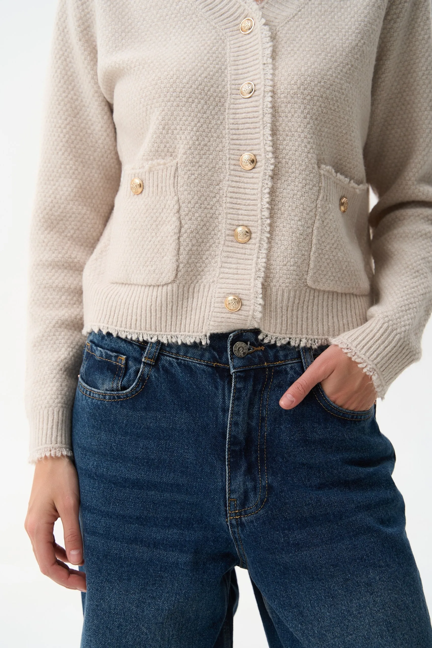 Beige Buttoned Knit Cardigan