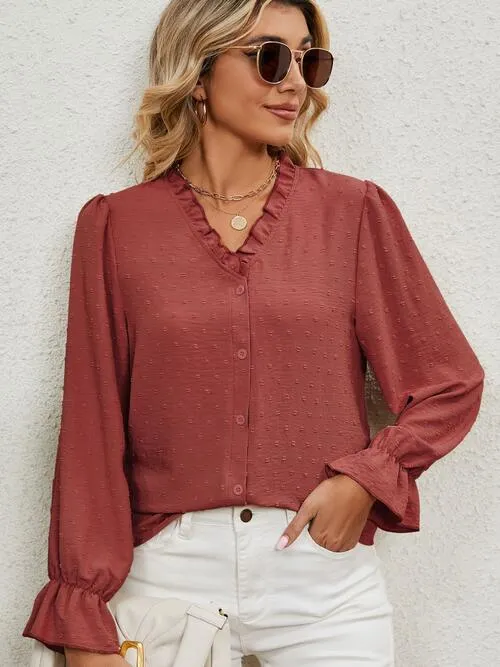 BerryBetty - Button Up Flounce Sleeve V-Neck Shirt