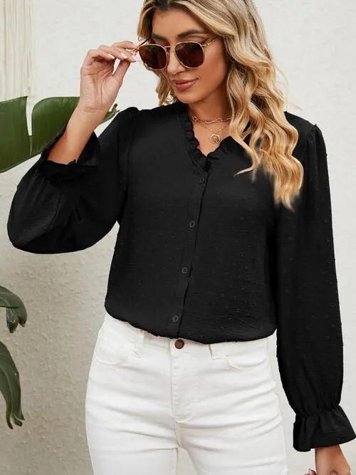 BerryBetty - Button Up Flounce Sleeve V-Neck Shirt