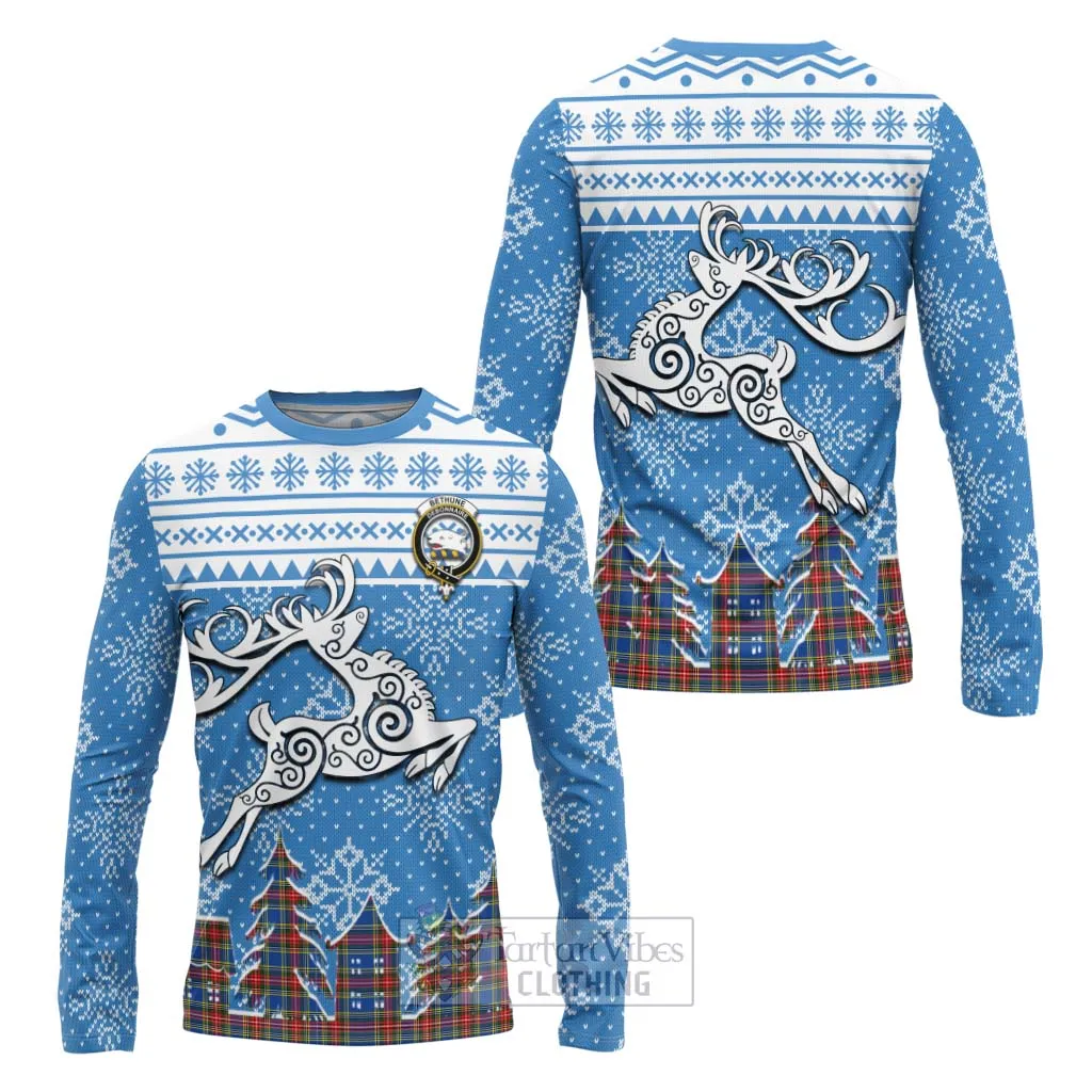 Bethune Clan Christmas Long Sleeve T-Shirt Celtic Reindeer Style