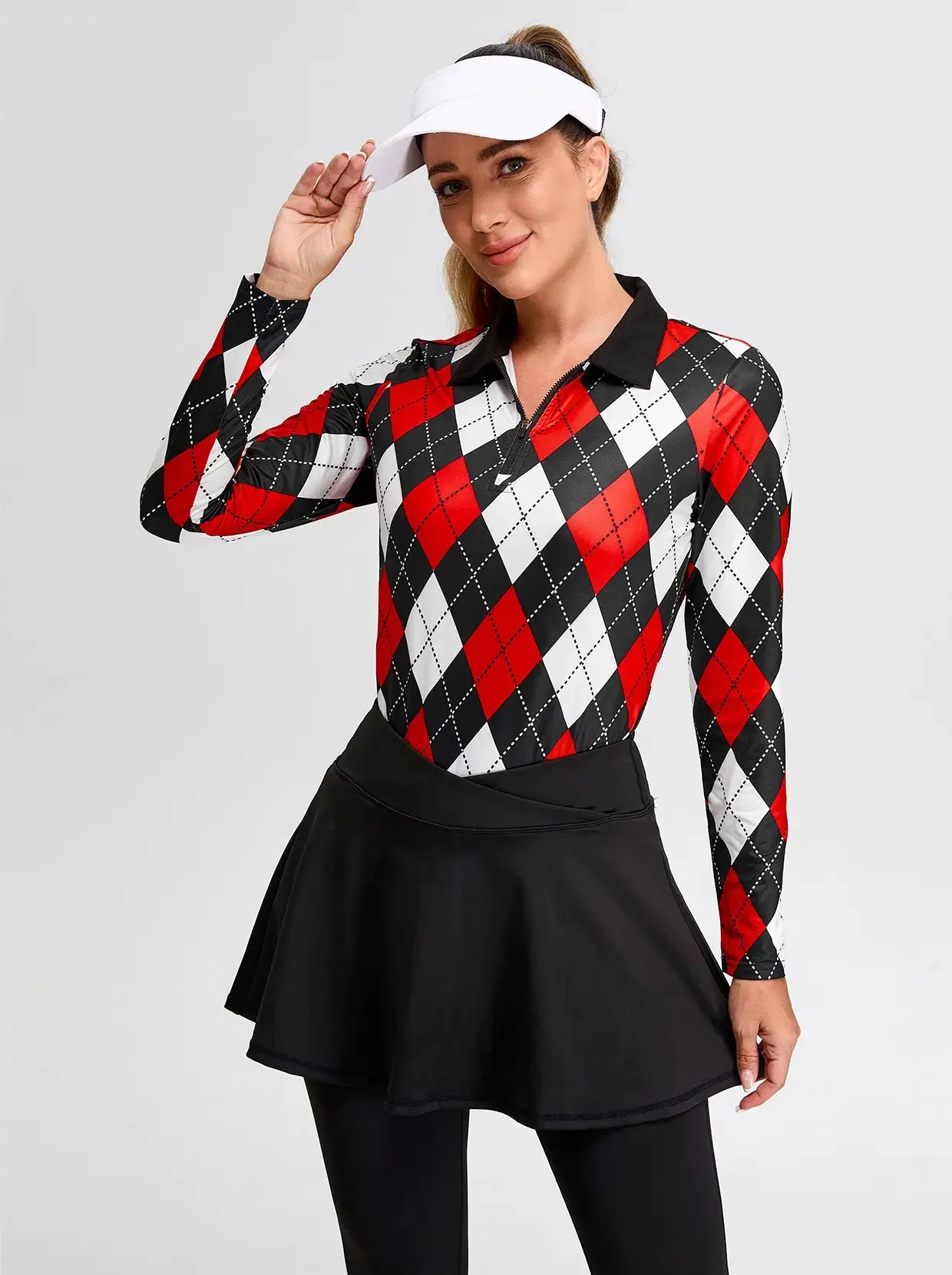 Black and Red Checkerboard Quarter-zip Long-sleeve Fleece Top for Women