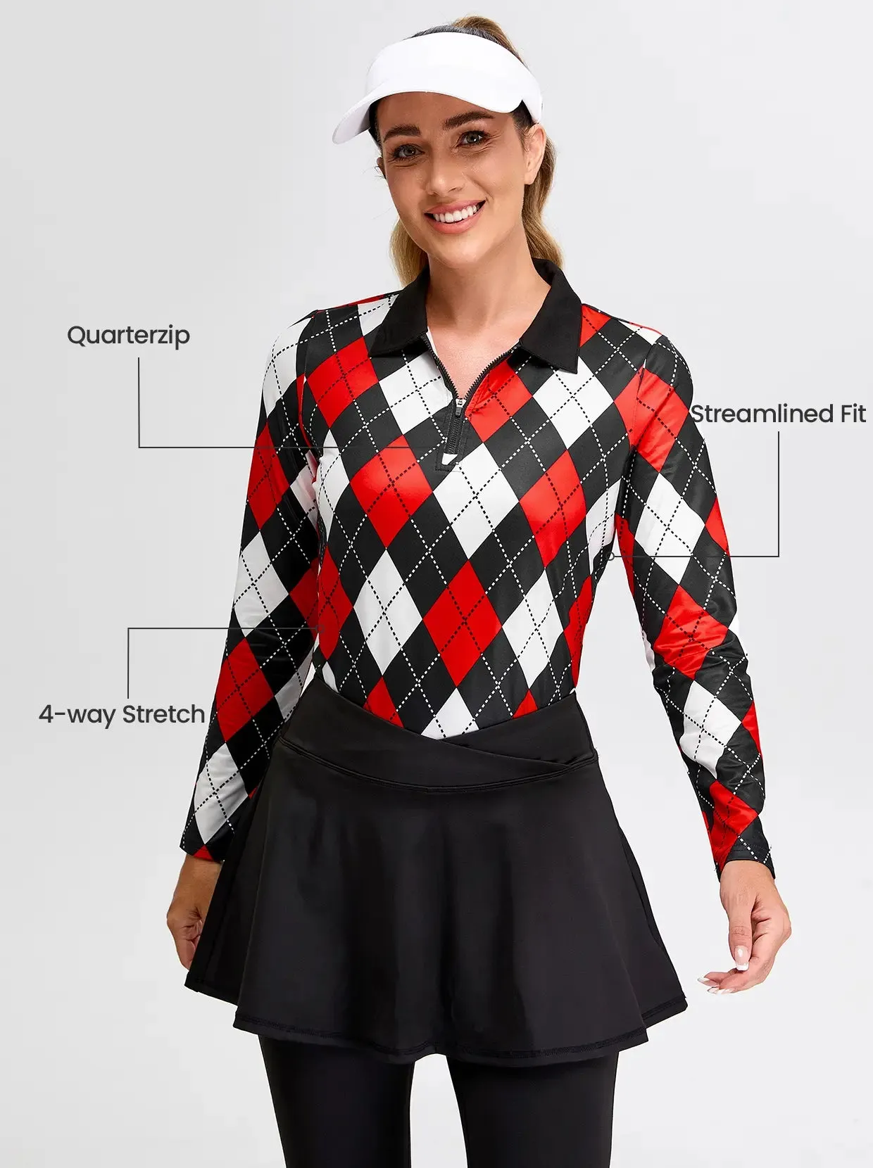 Black and Red Checkerboard Quarter-zip Long-sleeve Fleece Top for Women