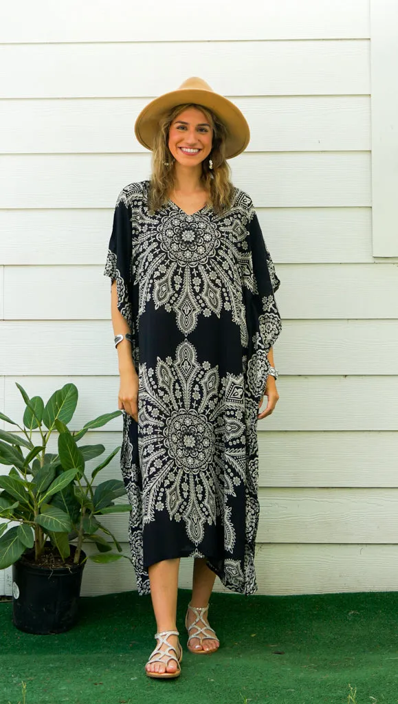 Black Butterfly Mandala Kimono Kaftan Dress