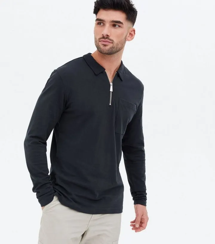 Black Collared Long Sleeve Zip T Shirt