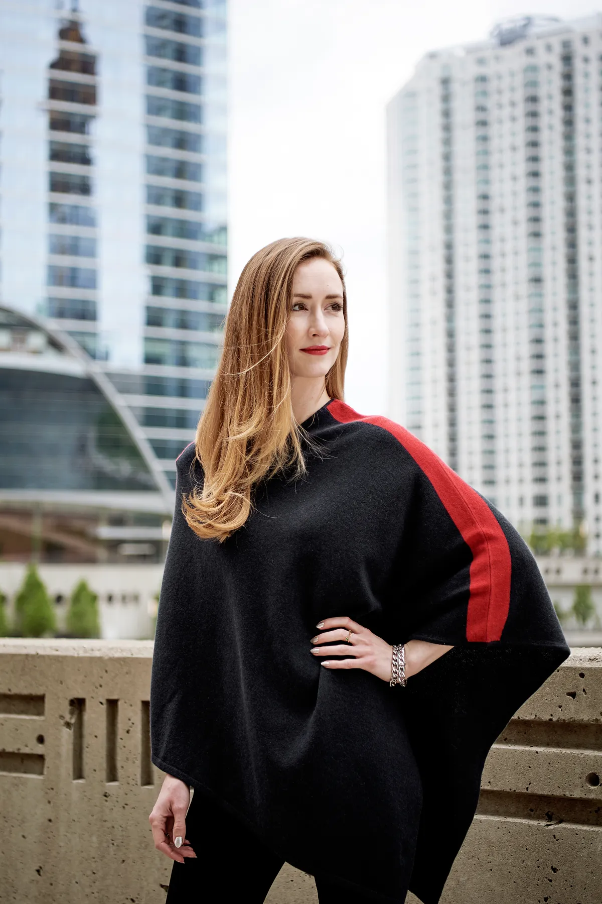 Black with Red Stripe Cashmere Poncho