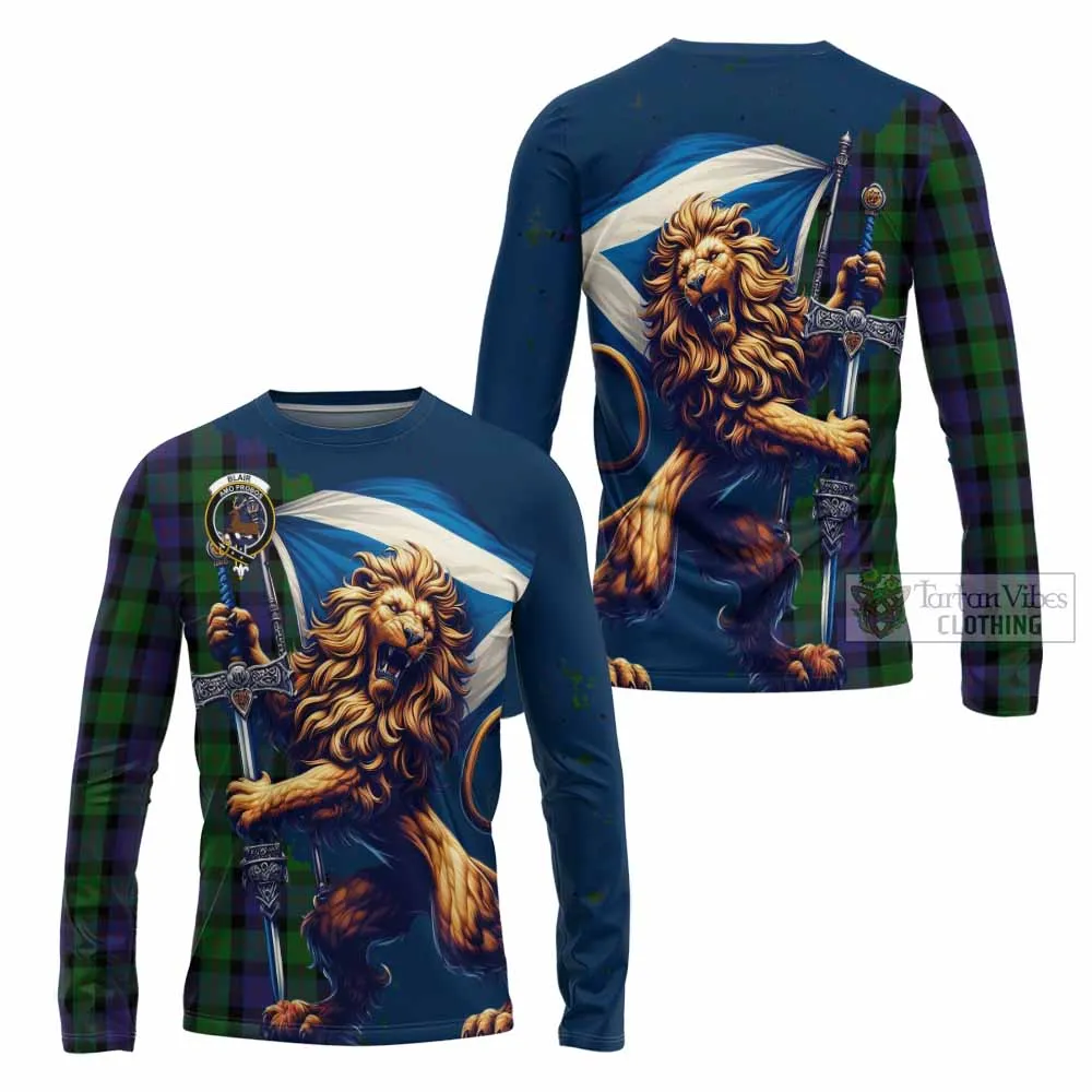 Blair Tartan Family Crest Long Sleeve T-Shirt with Scottish Majestic Lion