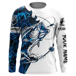 Blue Camo Largemouth Bass Fishing Custom Name Long Sleeve Fishing Shirts For Men, Women