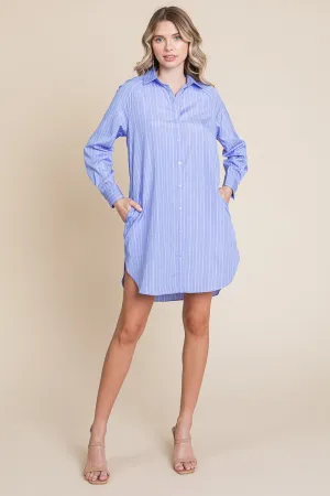 Blue Stripe Button Down Cotton Long Sleeve Shirt Dress