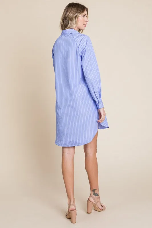 Blue Stripe Button Down Cotton Long Sleeve Shirt Dress