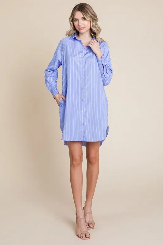 Blue Stripe Button Down Cotton Long Sleeve Shirt Dress