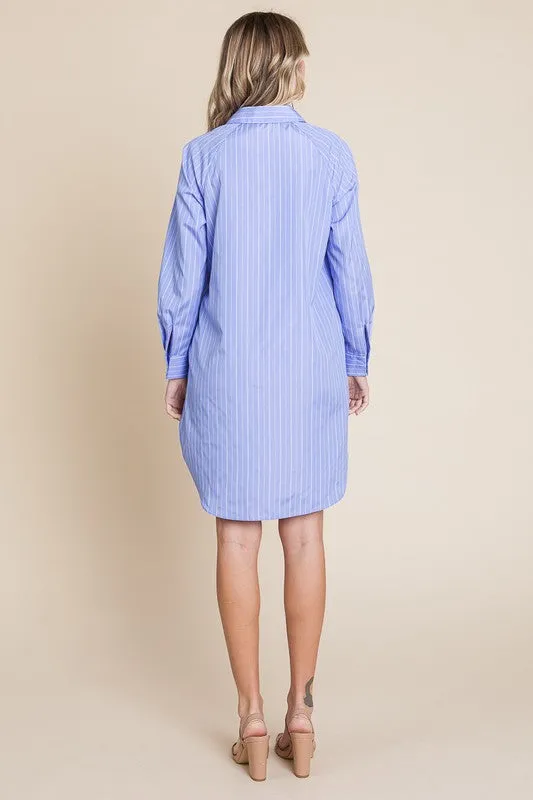 Blue Stripe Button Down Cotton Long Sleeve Shirt Dress