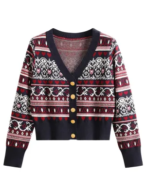 Bohemian Ethnic Style Jacquard Sweater Slim V-neck Long Sleeve Knitted Cardigan Vintage Outerwear Chic Christmas Tops C-036