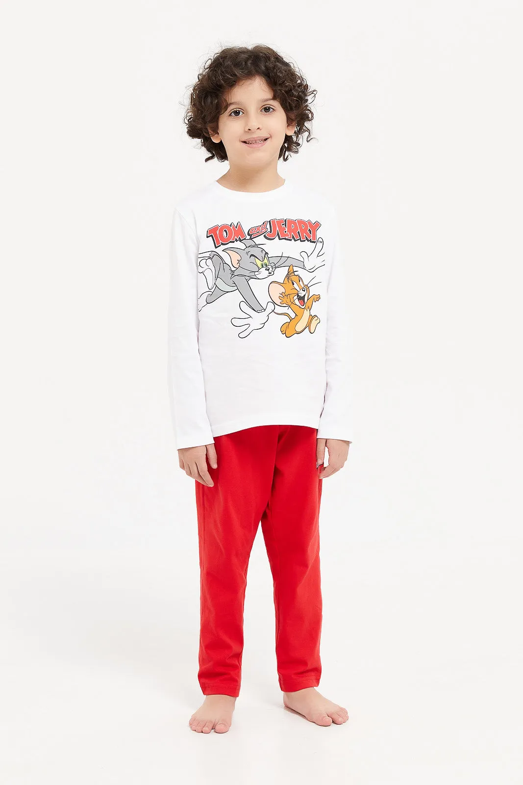 Boys White And Red Tom And Jerry Pyjama Set (2 Piece)