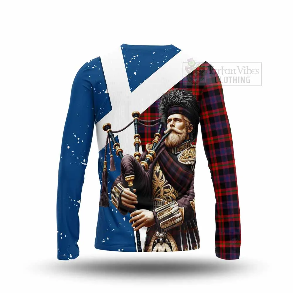 Brown (Broun) Tartan Long Sleeve T-Shirt with Family Crest Scottish Bagpiper Vibes