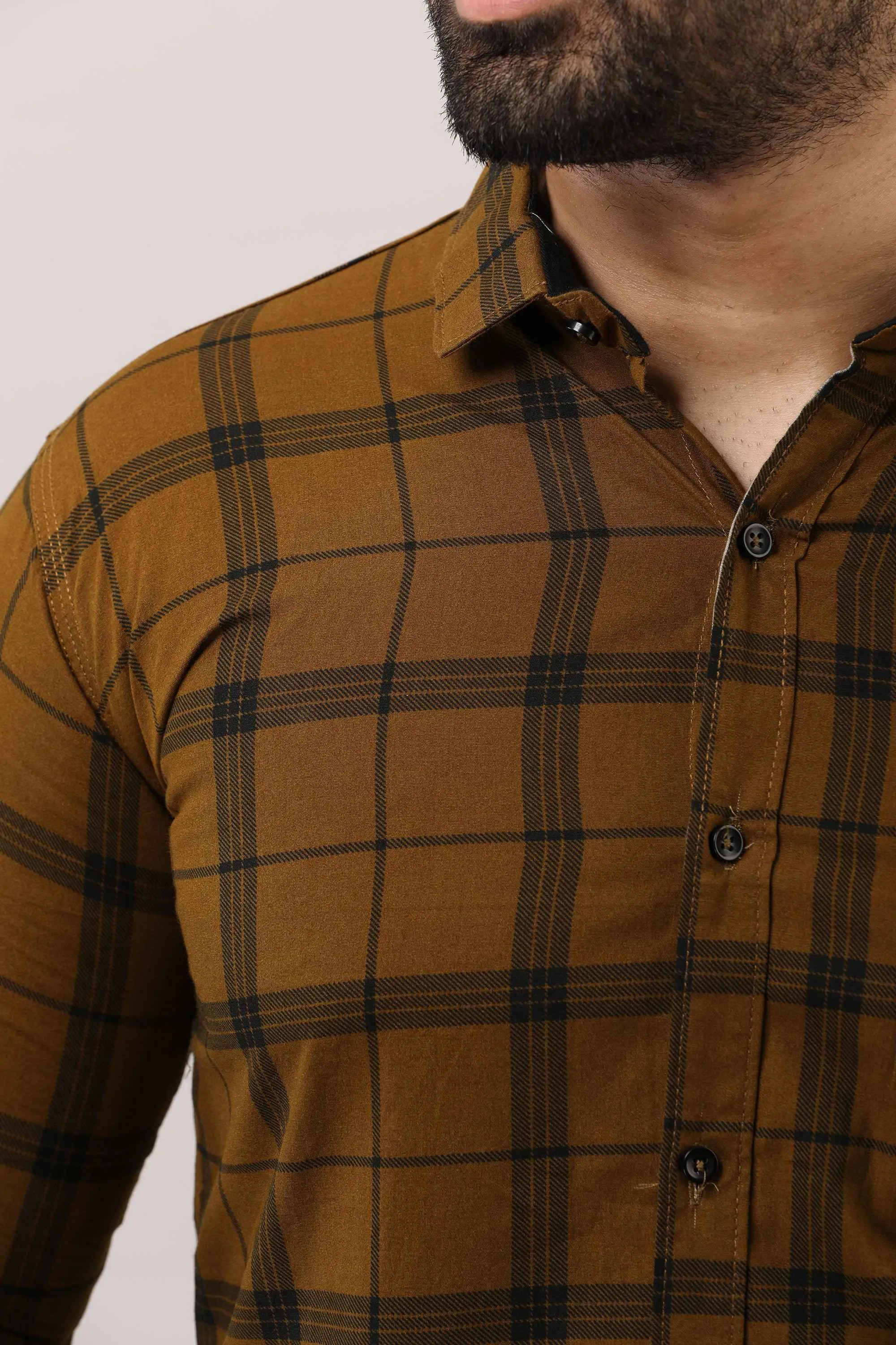 Brown Checkered Pure Cotton Formal Shirt