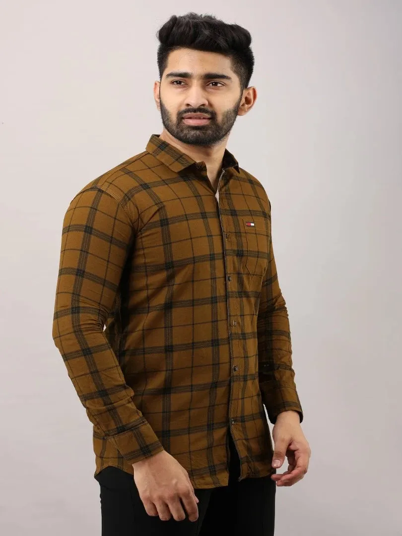 Brown Checkered Pure Cotton Formal Shirt