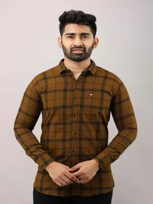 Brown Checkered Pure Cotton Formal Shirt