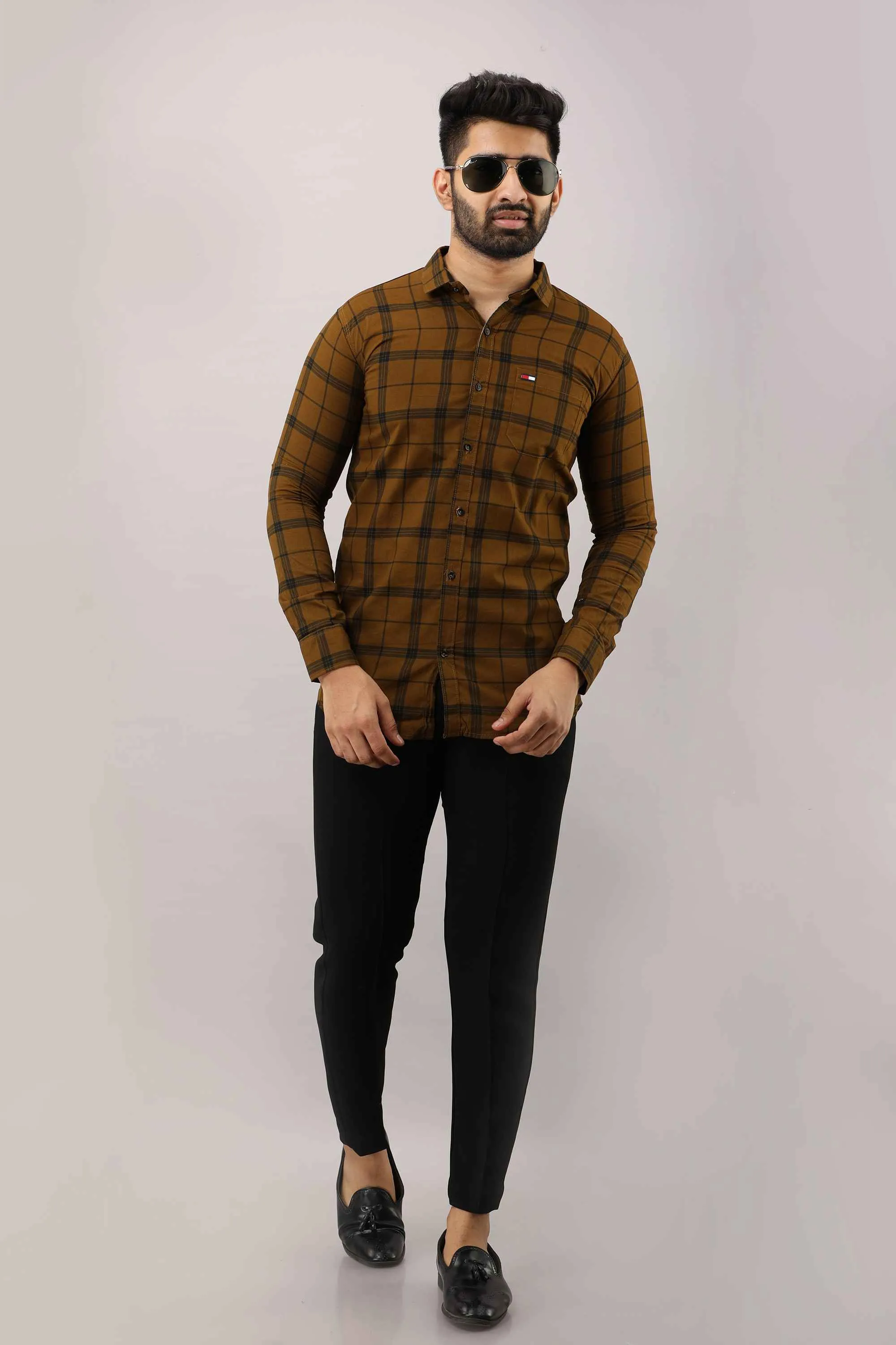 Brown Checkered Pure Cotton Formal Shirt