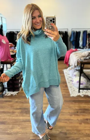 Brushed Melange Cowl Neck Poncho Pullover - Teal