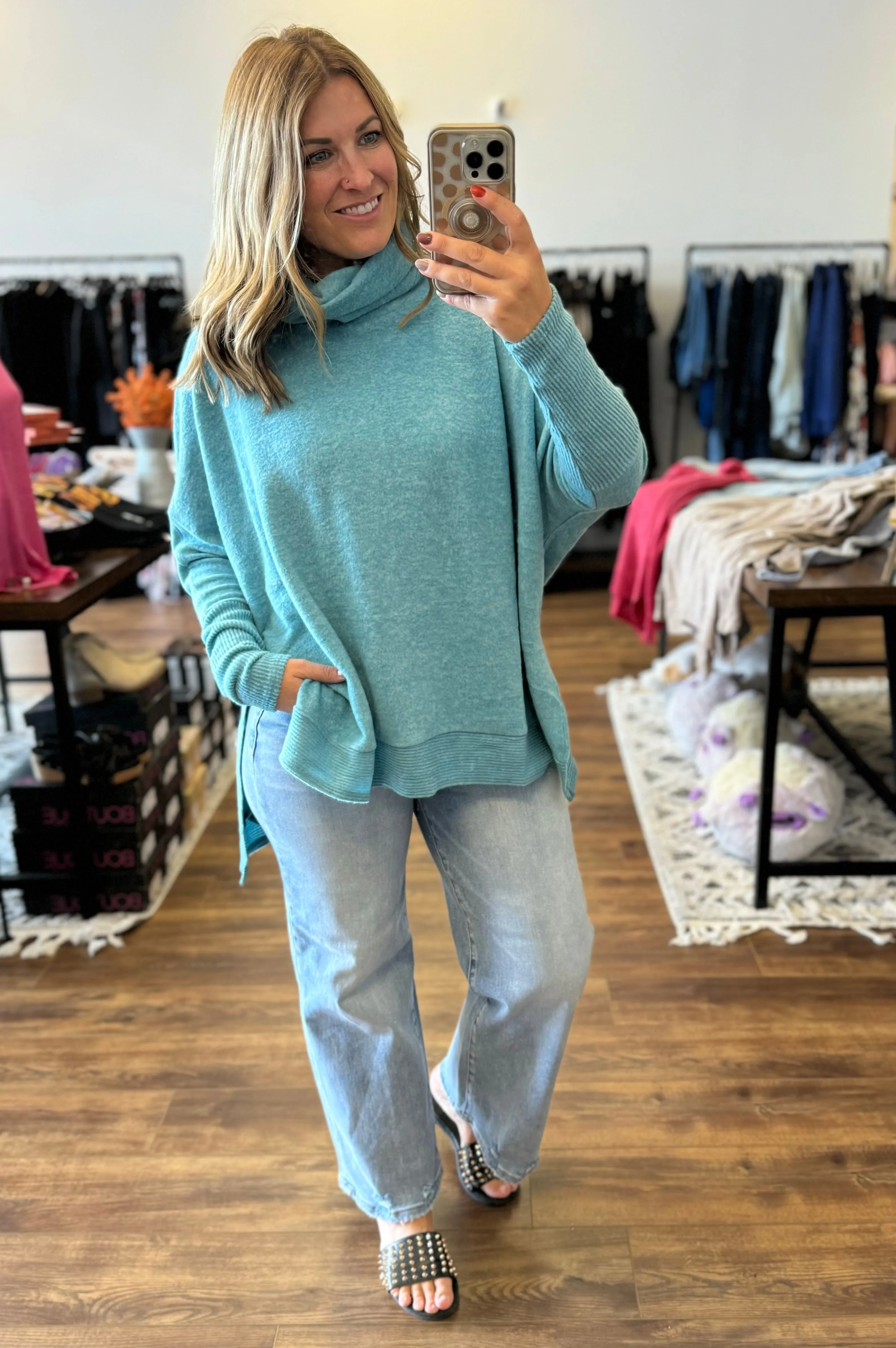 Brushed Melange Cowl Neck Poncho Pullover - Teal