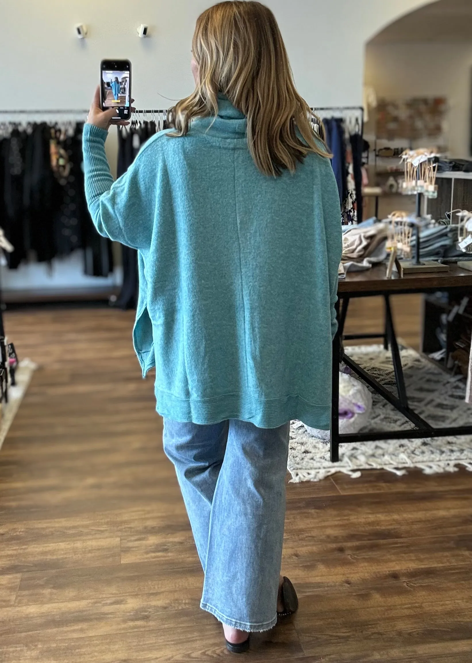 Brushed Melange Cowl Neck Poncho Pullover - Teal